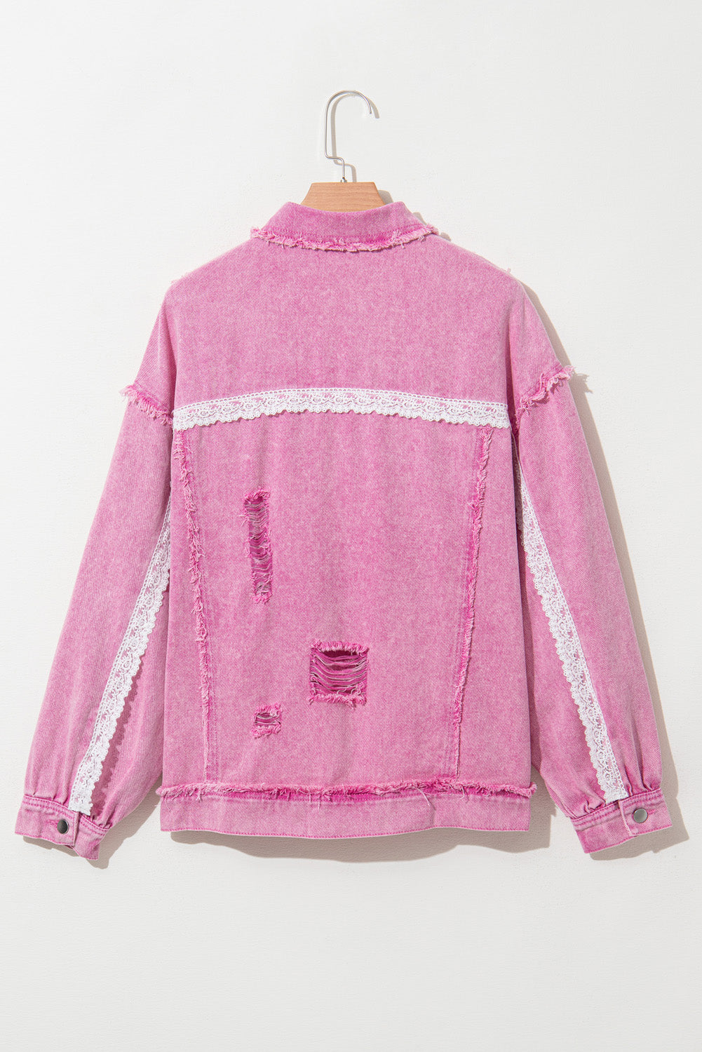 Pink denim jacket with lace trim