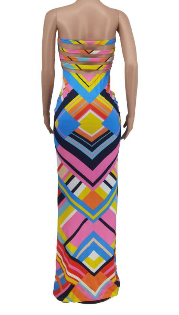 Colorblock Geometric Strapless Maxi Dress