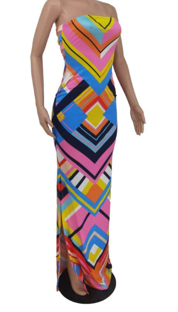 Colorblock Geometric Strapless Maxi Dress