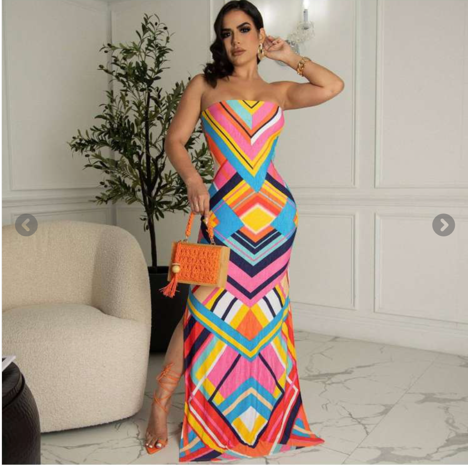Colorblock Geometric Strapless Maxi Dress
