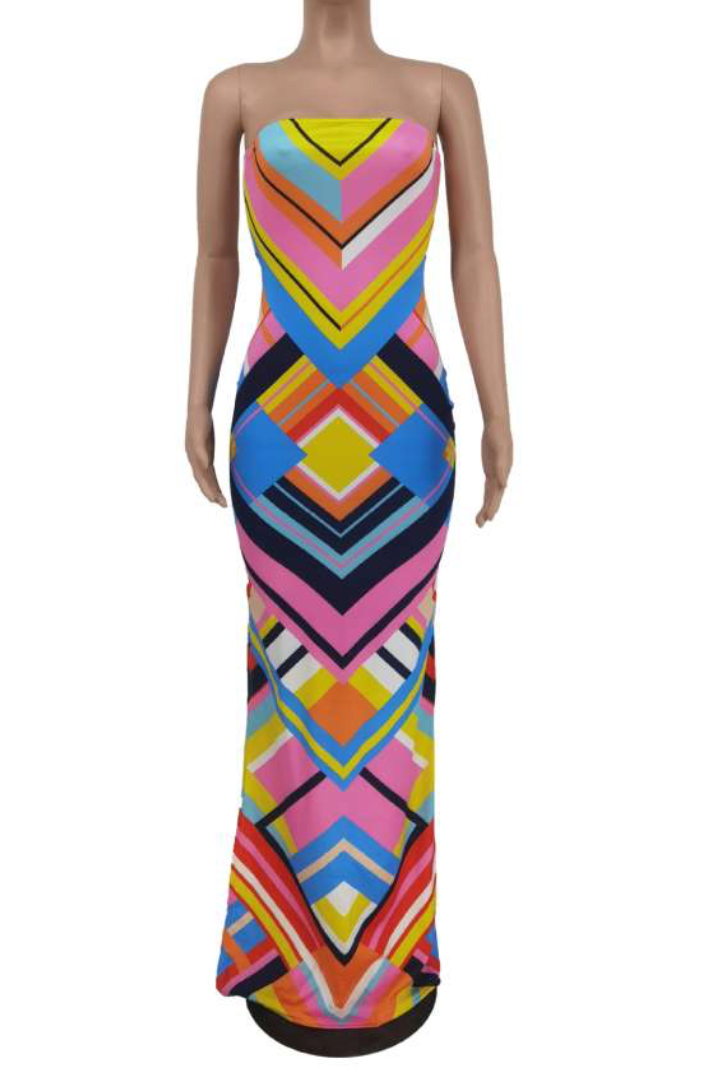 Colorblock Geometric Strapless Maxi Dress